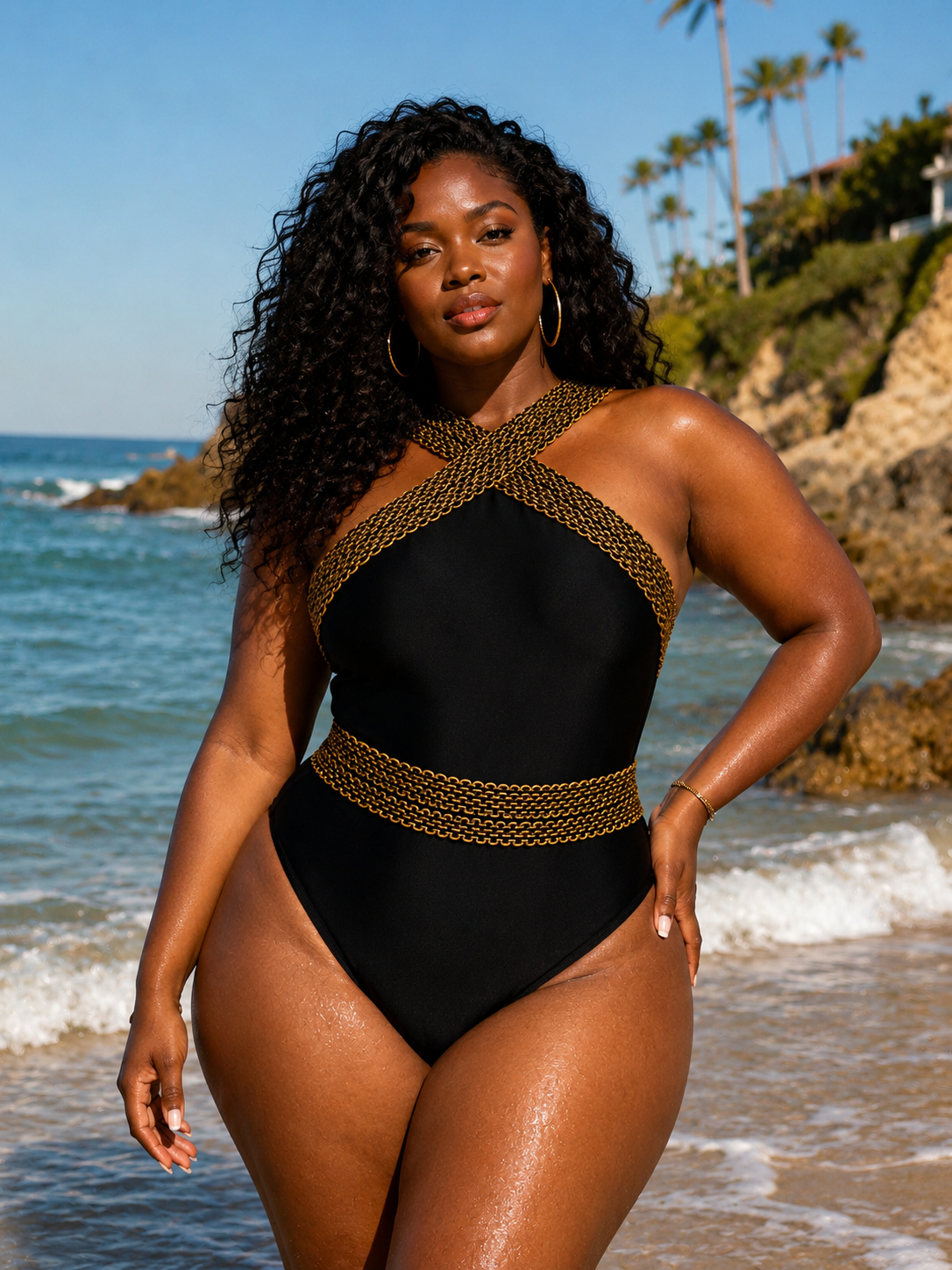 Black swimsuit with gold accents on a hanger in a bathroom.